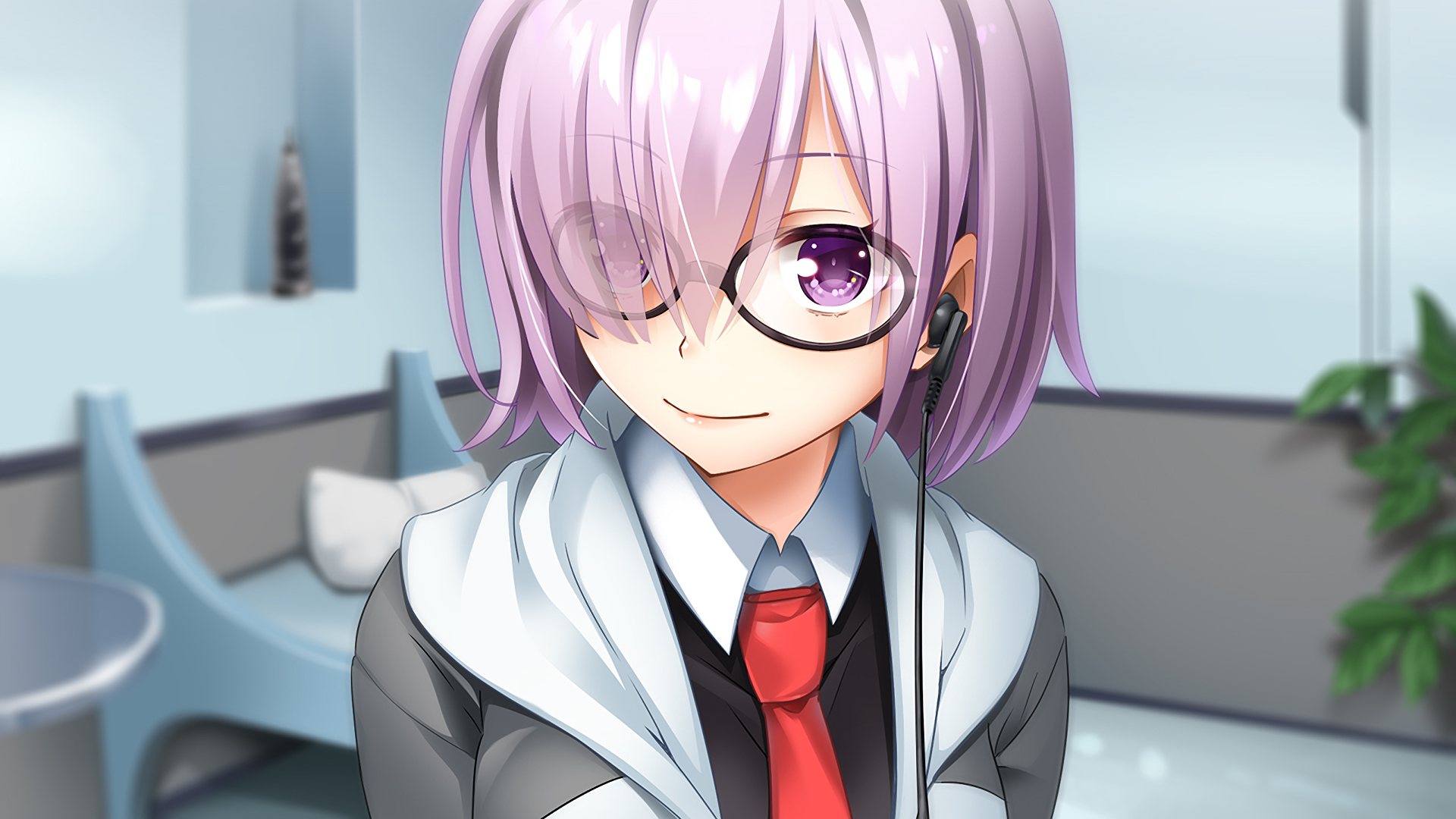 HD anime desktop wallpaper featuring Shielder from Fate/Grand Order with purple hair, glasses, and a red tie, set in a softly lit room background.