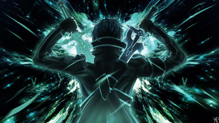 A high-definition desktop wallpaper featuring Kirito (Kazuto Kirigaya) from Sword Art Online, depicted from the back with two swords, surrounded by vibrant, glowing energy against a dark, dynamic background.