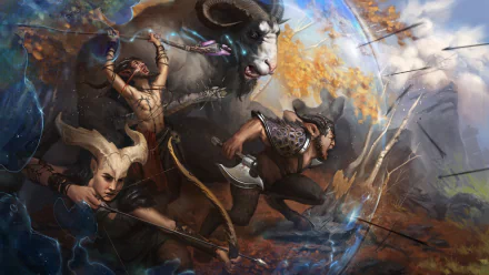 HD PC desktop wallpaper and background: horned wizard atop a massive horned creature leads a charge as a woman warrior with bow and armored fantasy fighters clash amid swirling magic.