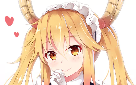 HD desktop wallpaper featuring Tohru from Miss Kobayashi's Dragon Maid anime with a cheerful expression, wearing a maid outfit and dragon horns.