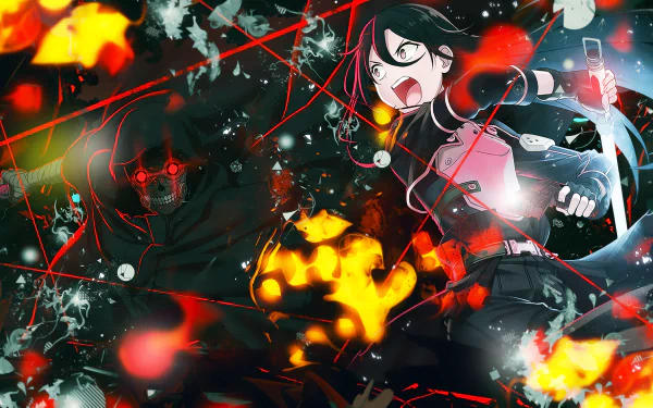 HD PC desktop wallpaper featuring Kirito and Death Gun from Sword Art Online II, showcasing intense action with fiery effects and dynamic anime style.