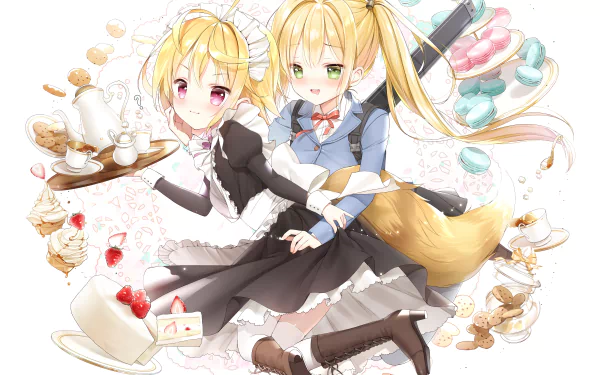 4K Ultra HD PC desktop wallpaper of two blonde anime maids from the video game Kaku-San-Sei Million Arthur, smiling amid floating cakes, pastries and teacups.