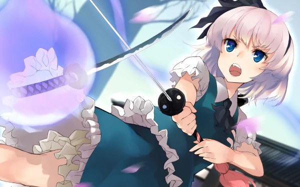 HD anime desktop wallpaper featuring Youmu Konpaku from Touhou, wielding her sword with a determined expression against a vibrant, dynamic background.