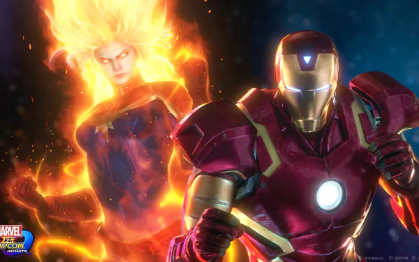 HD PC desktop wallpaper featuring Iron Man and a fiery character from the Marvel vs. Capcom video game, showcasing vivid colors and dynamic action.