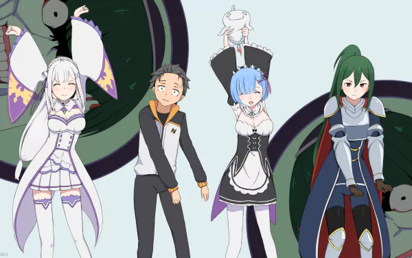 HD anime wallpaper featuring a crossover with characters from KonoSuba and Re:Zero - Starting Life in Another World, including Crusch Karsten, Subaru Natsuki, Rem, and Emilia, against a green background.