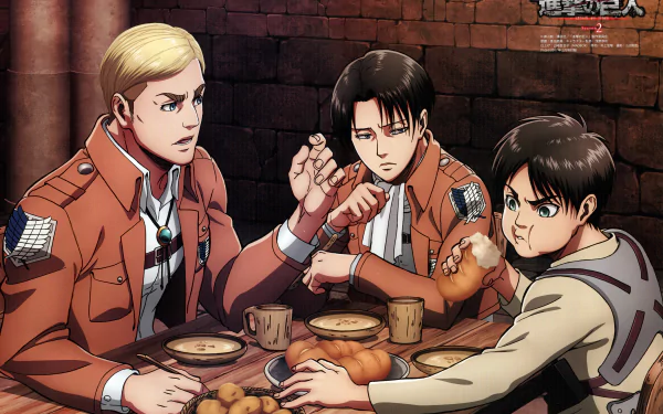 HD desktop wallpaper featuring Levi Ackerman and Eren Yeager from the anime Attack on Titan sitting at a table with another character, sharing a meal.