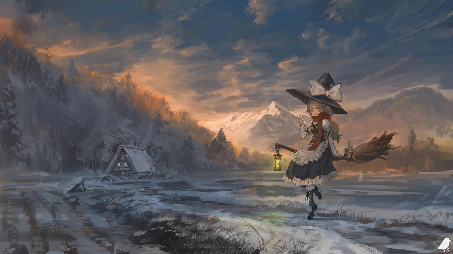 Marisa Kirisame from Touhou stands with a lantern on a snowy path at sunset, captured in an HD anime desktop wallpaper background.