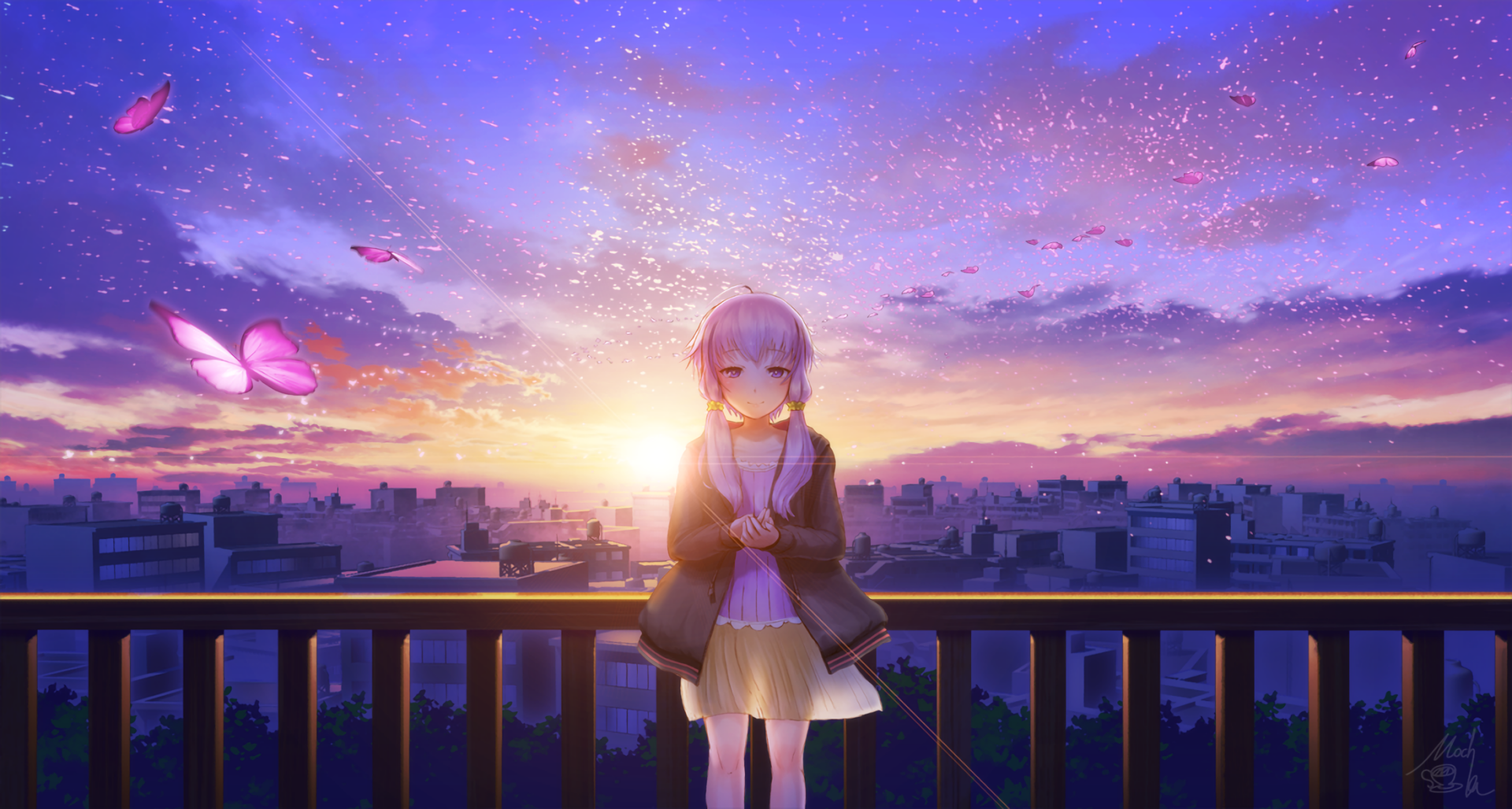 HD anime desktop wallpaper featuring Vocaloid Yuzuki Yukari standing on a balcony at sunset, with glowing pink butterflies and a vibrant sky in the background.