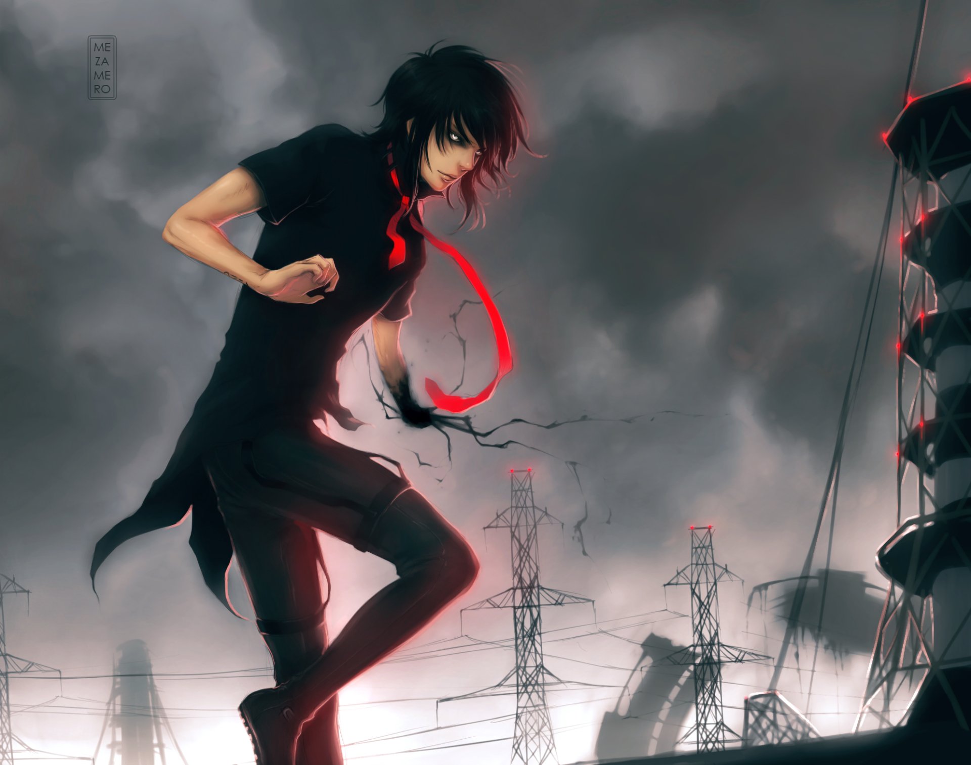 Anime-style original character with short black hair, white eyes, and a red tie stands amid a dark, industrial landscape in this HD PC desktop wallpaper.