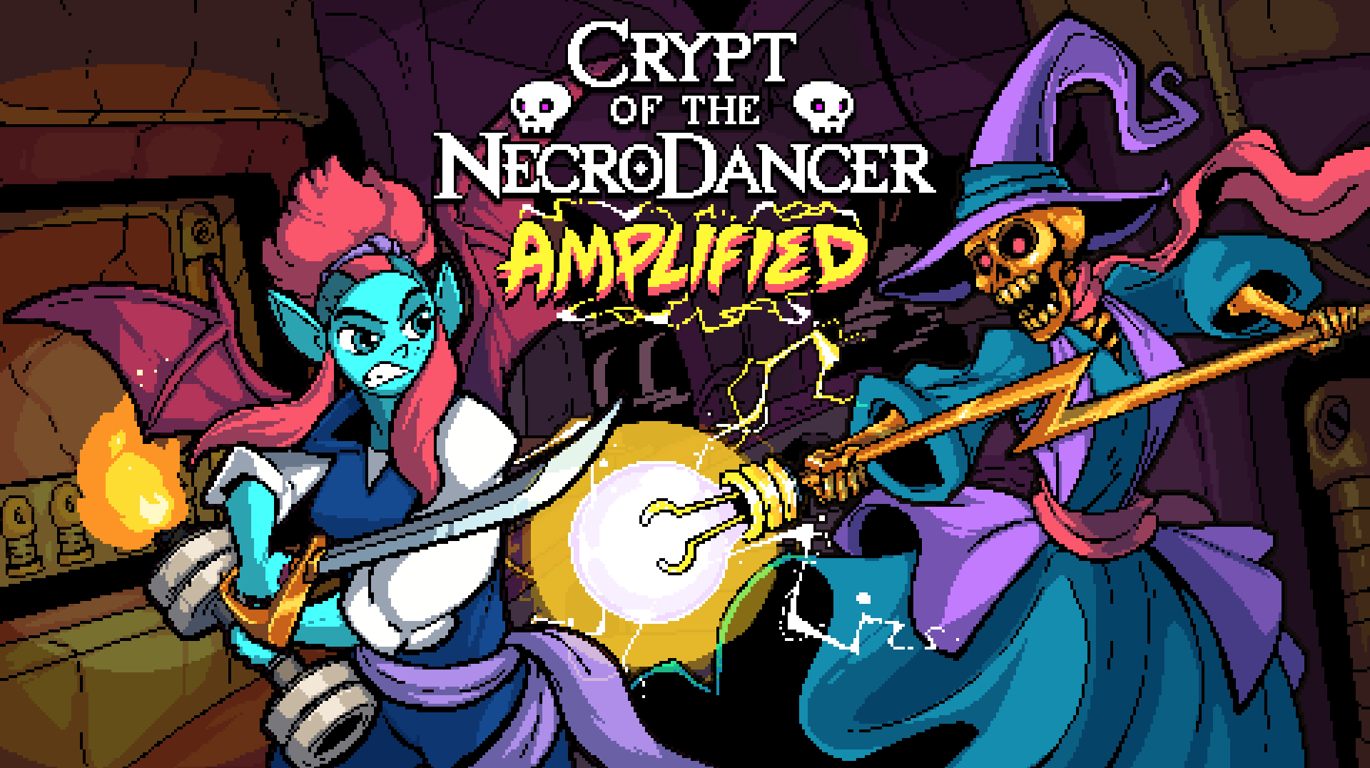 HD desktop wallpaper of 'Crypt of the NecroDancer: Amplified' featuring a blue-haired character and a skeletal mage in a magical duel.