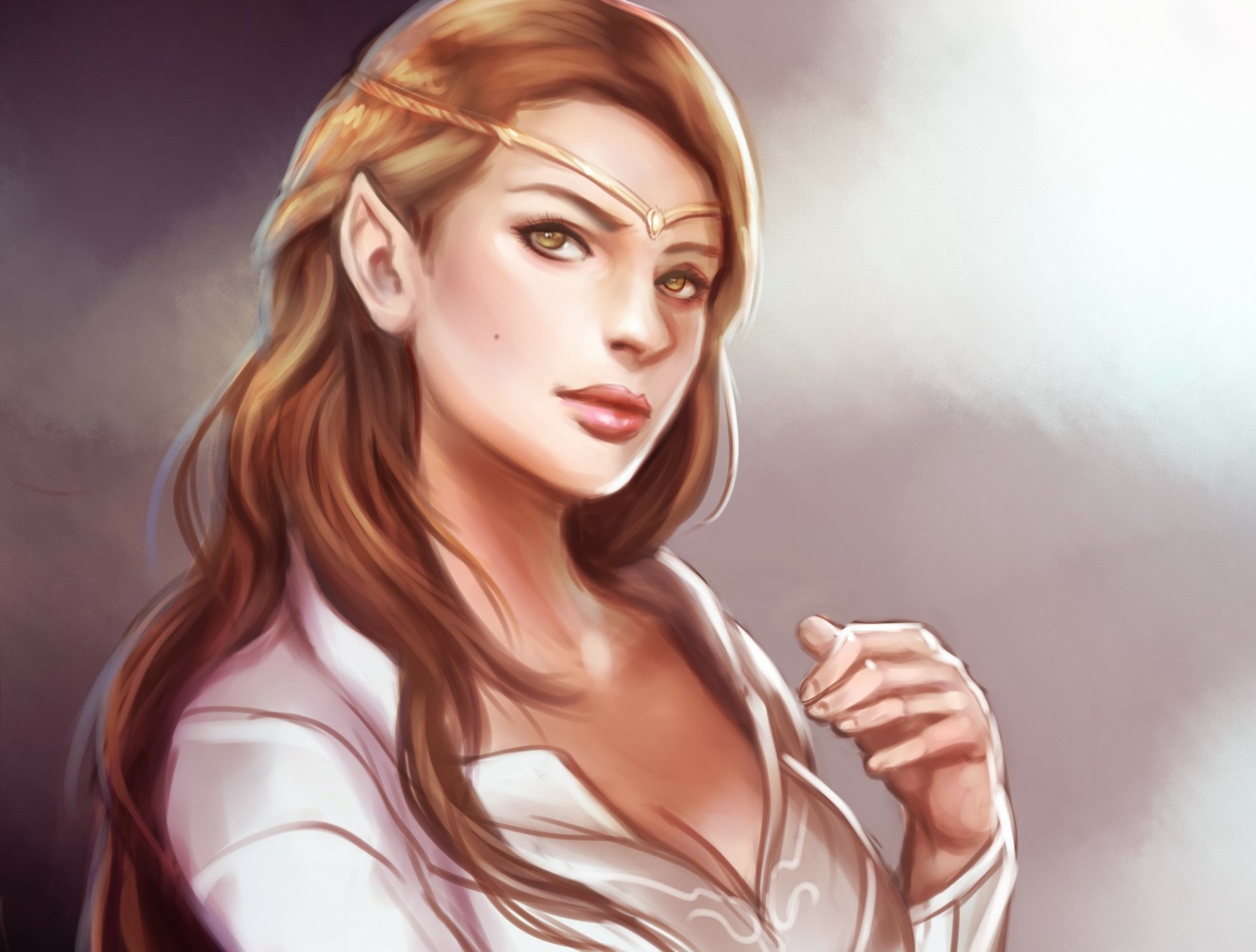 Fantasy artwork of an elf with long brown hair and hazel eyes, detailed in HD quality, designed as a PC desktop wallpaper and background.