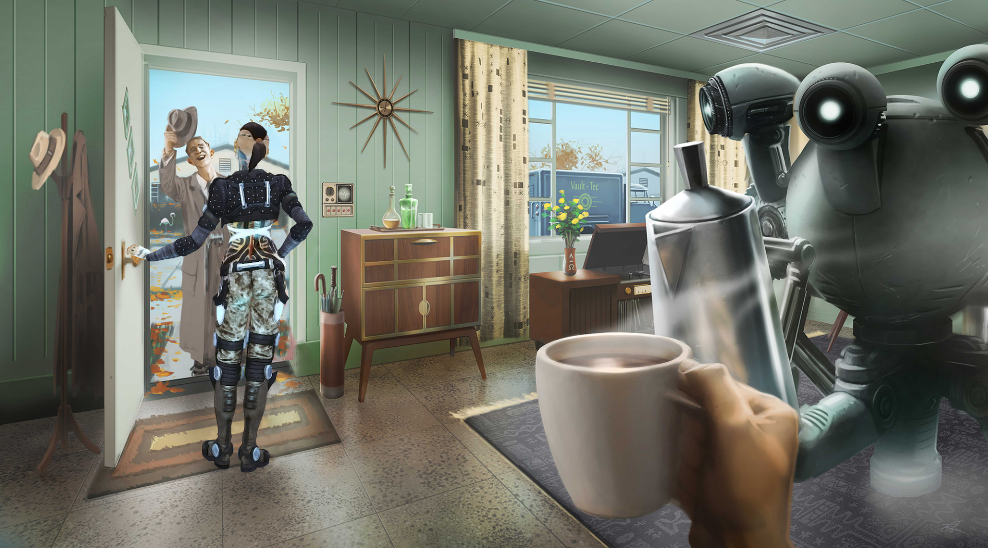 HD PC wallpaper: video game crossover showing Jack (Mass Effect) in a Fallout 4–style living room, a Protectron robot to the right, and a foreground hand holding a steaming coffee mug.