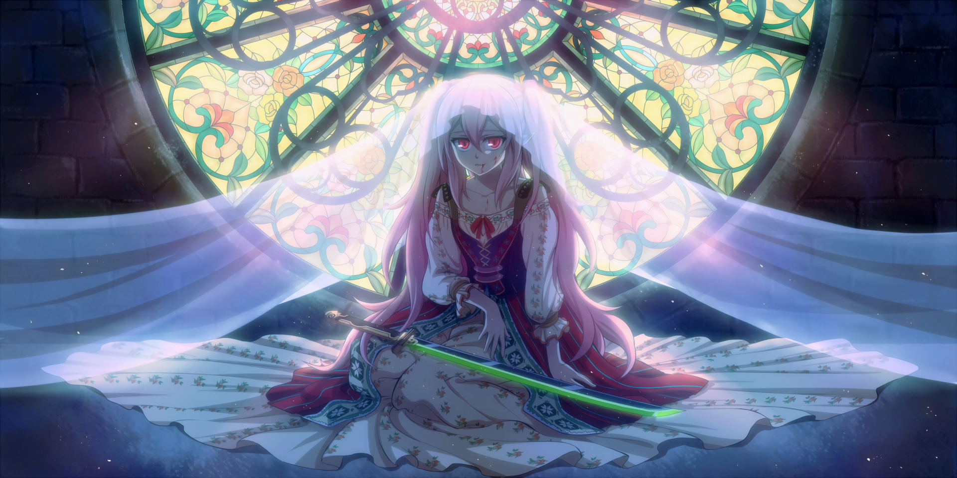 HD desktop wallpaper featuring Krul Tepes from Seraph of the End. The anime character, holding a sword, sits in front of a vibrant stained glass background.