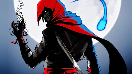 HD PC desktop wallpaper/background from the video game Aragami: cloaked red-hooded shadow warrior with sword and smoky shadow power, silhouetted against a full moon and a blue spirit trail.