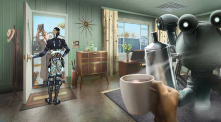 HD PC wallpaper: video game crossover showing Jack (Mass Effect) in a Fallout 4–style living room, a Protectron robot to the right, and a foreground hand holding a steaming coffee mug.