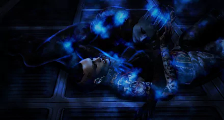 HD PC desktop wallpaper featuring Asari and Jack from the video game Mass Effect in a dark, blue-hued sci-fi setting.