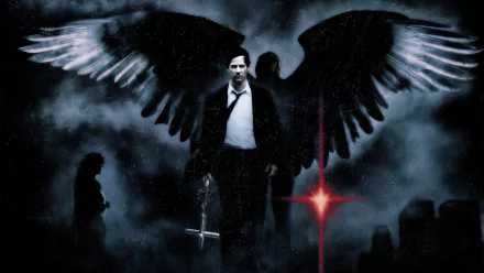 HD PC desktop wallpaper featuring a dark, atmospheric scene from the movie Constantine with a central figure and large angelic wings against a stormy background.
