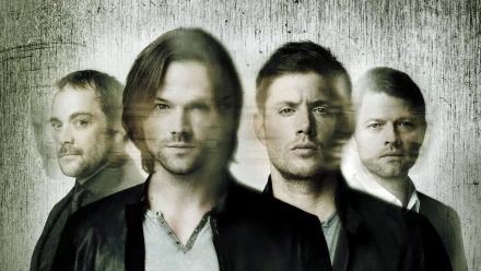 HD PC desktop wallpaper featuring main cast members from the TV show Supernatural with a textured, moody background.