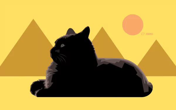 Cubist-inspired HD wallpaper featuring a black cat with a pyramid and sun motif in the background, reflecting an Egyptian aesthetic.