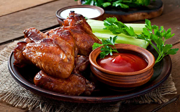 4K Ultra HD image of grilled chicken wings served with ketchup and fresh herbs on a rustic plate, emphasizing rich, savory food presentation.