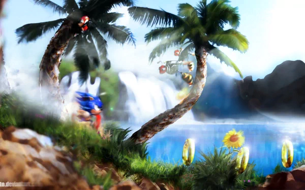 HD PC desktop wallpaper featuring Sonic the Hedgehog from the Sonic & Knuckles video game, set in a vibrant tropical landscape with palm trees and golden rings.
