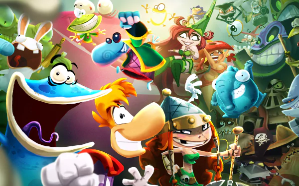 HD desktop wallpaper featuring the cast of 'Rayman Legends', with Rayman in the center surrounded by vibrant game characters.