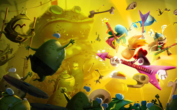 HD desktop wallpaper featuring a dynamic scene from Rayman Legends with colorful characters and action-packed imagery.