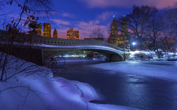 Man Made Central Park New York Winter Night Snow Bridge Bow Bridge HD Wallpaper | Background Image
