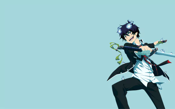 Rin Okumura from Blue Exorcist in dynamic pose with sword on a clean blue background, depicted in vibrant 4K Ultra HD anime wallpaper style.