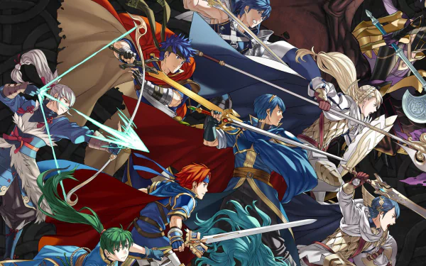 HD desktop wallpaper featuring dynamic characters from Fire Emblem Heroes engaged in battle.