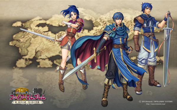 HD wallpaper featuring three Fire Emblem: New Mystery of the Emblem characters poised for battle on a parchment-style background.