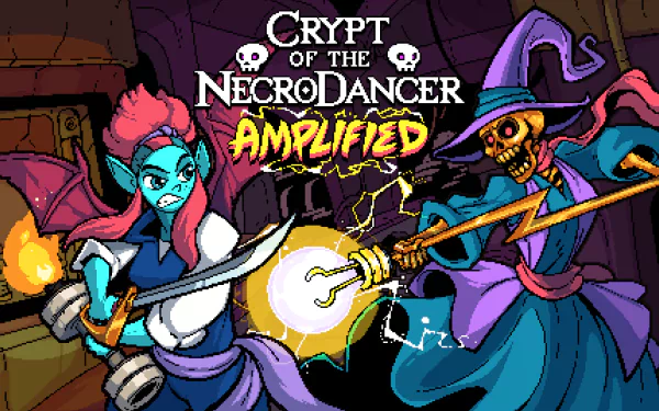 HD desktop wallpaper of 'Crypt of the NecroDancer: Amplified' featuring a blue-haired character and a skeletal mage in a magical duel.
