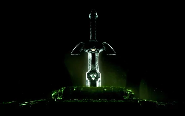 HD desktop wallpaper featuring the Master Sword from The Legend of Zelda. The sword is illuminated against a dark background, highlighting the iconic Triforce symbol on its hilt.