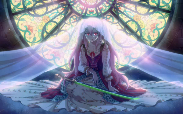 HD desktop wallpaper featuring Krul Tepes from Seraph of the End. The anime character, holding a sword, sits in front of a vibrant stained glass background.