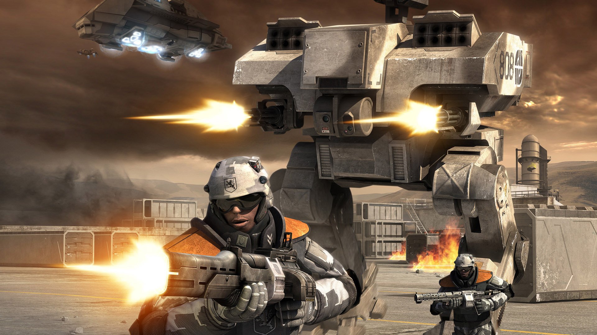 HD PC desktop wallpaper featuring intense combat from the video game Battlefield 2142 with soldiers firing weapons and a large mech firing in the background.