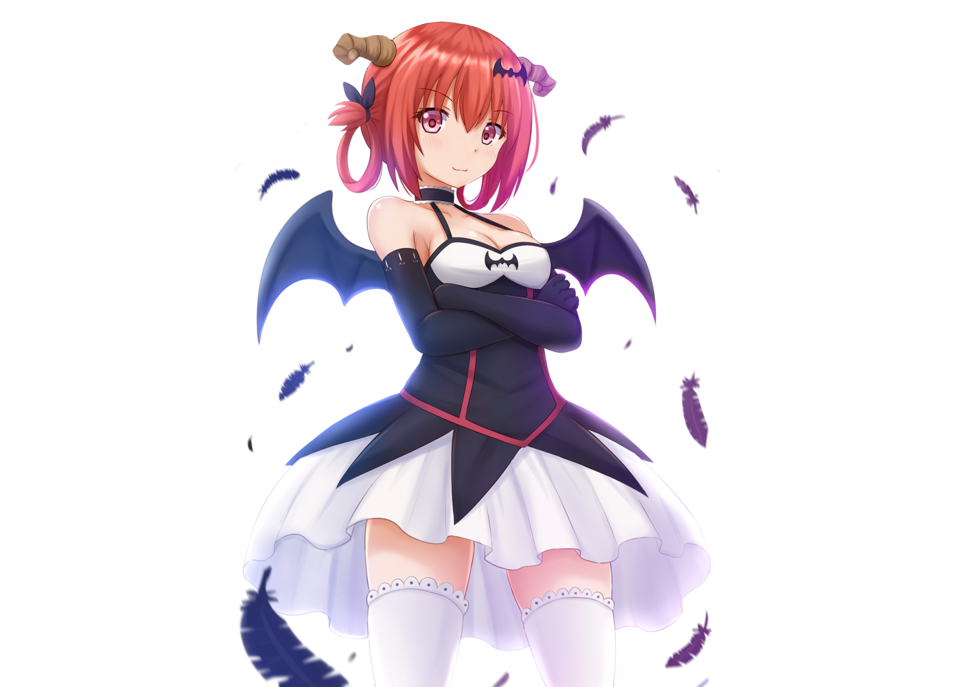 HD desktop wallpaper featuring Satanichia Kurumizawa McDowell from the anime Gabriel DropOut. She is depicted with a confident pose, wings, and surrounded by falling black feathers.
