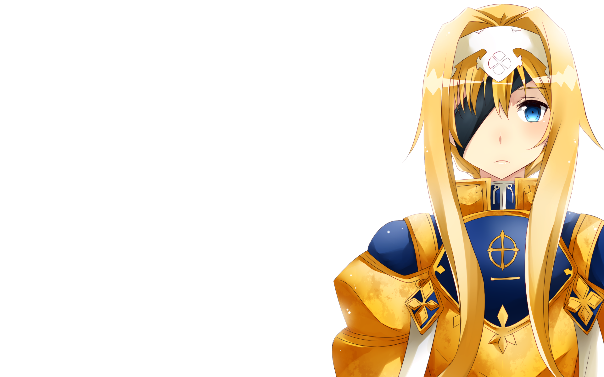 HD PC desktop wallpaper featuring an anime character from Sword Art Online with long blonde hair, an eyepatch, and detailed golden armor on a white background.