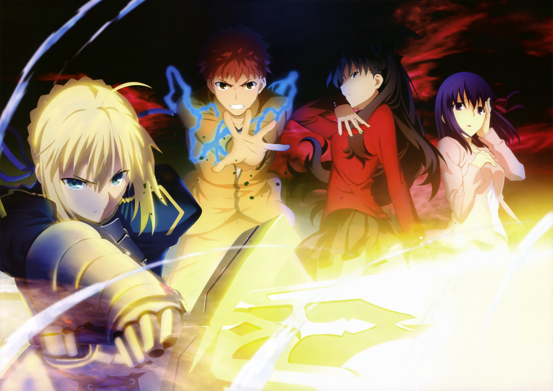 HD PC desktop wallpaper featuring key characters from the anime Fate/Stay Night in dynamic poses against a fiery background.