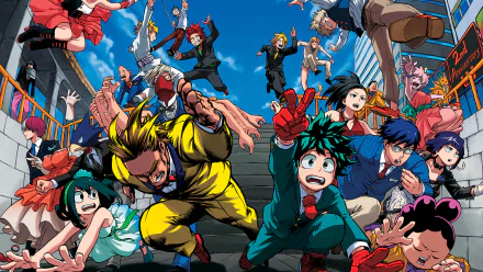HD PC desktop wallpaper featuring vibrant anime characters from My Hero Academia in dynamic action poses against a bright blue sky background.