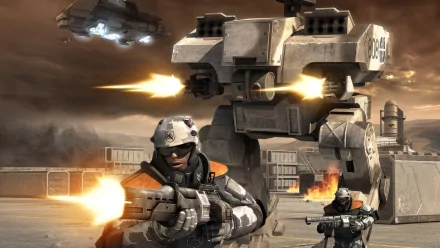 HD PC desktop wallpaper featuring intense combat from the video game Battlefield 2142 with soldiers firing weapons and a large mech firing in the background.