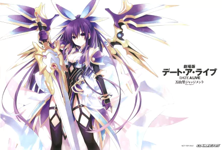 HD anime desktop wallpaper featuring a character from Date A Live with purple hair and elaborate armor wielding a large, ornate weapon.