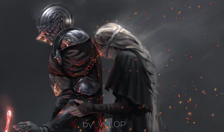 HD desktop wallpaper featuring characters from Dark Souls III, with a knight in dark armor and a hooded figure amidst glowing embers.