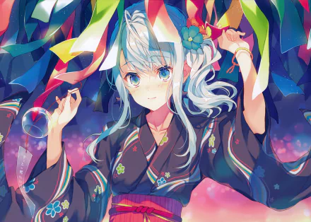 Anime character with aqua hair and eyes, wearing a colorful kimono, amidst a vibrant background of ribbons. This HD desktop wallpaper showcases intricate detailing, making it visually striking and engaging.