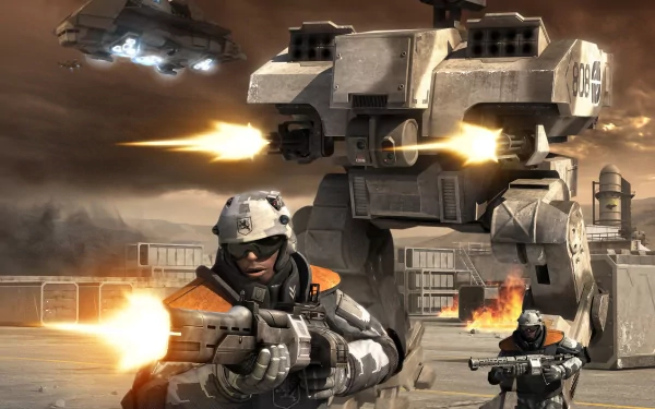 HD PC desktop wallpaper featuring intense combat from the video game Battlefield 2142 with soldiers firing weapons and a large mech firing in the background.