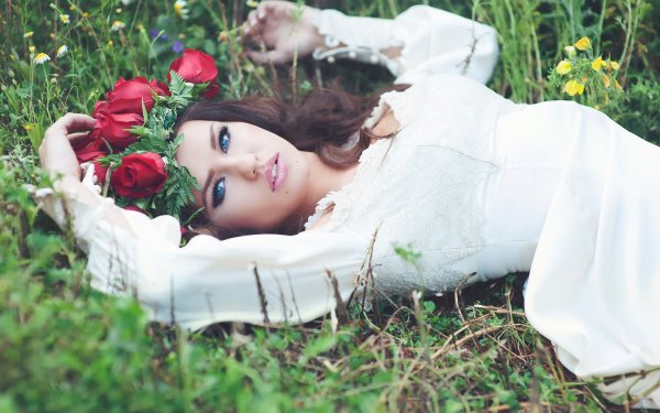 Women Model Lying Down Wreath Blue Eyes Brunette Red Flower White Dress HD Wallpaper | Background Image