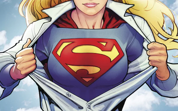 HD comic-style Supergirl reveals her iconic 'S' emblem beneath a white outer shirt, set against a bright sky, designed as a PC desktop wallpaper and background.