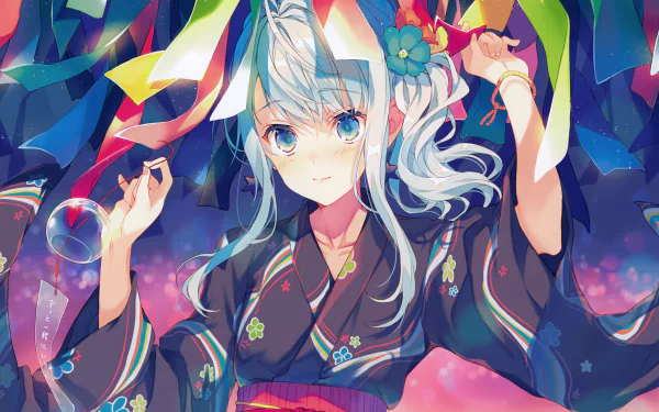 Anime character with aqua hair and eyes, wearing a colorful kimono, amidst a vibrant background of ribbons. This HD desktop wallpaper showcases intricate detailing, making it visually striking and engaging.