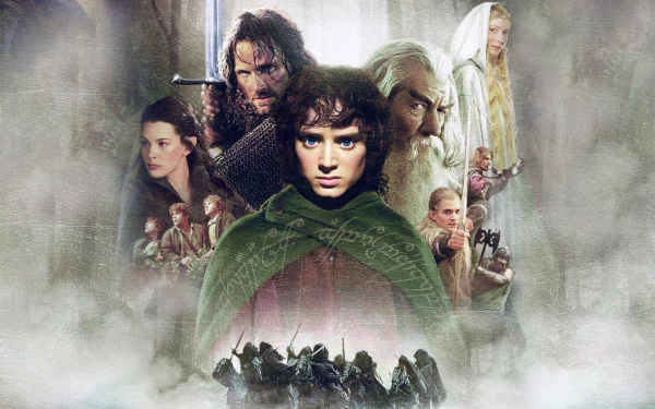HD PC desktop wallpaper featuring iconic characters from the movie The Lord of the Rings: The Fellowship of the Ring in a dramatic, misty composition.