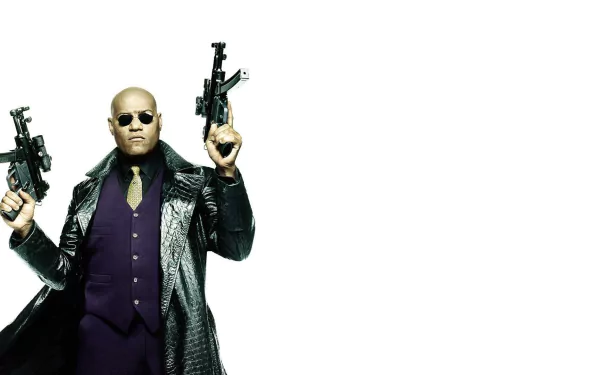 Morpheus from The Matrix Reloaded movie, holding guns, set against a white background in an HD PC desktop wallpaper style.