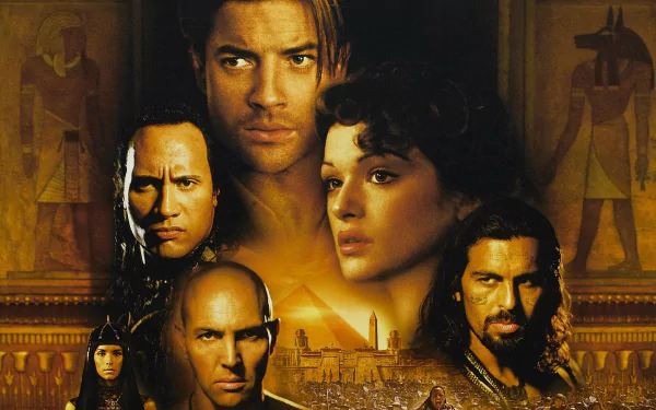 HD PC desktop wallpaper featuring Brendan Fraser and Richard O'Connell from the movie The Mummy Returns with an ancient Egyptian backdrop.